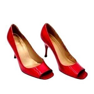 Stuart Weitzman 5 Red Patent Leather Heels Peep Toe Stilettos